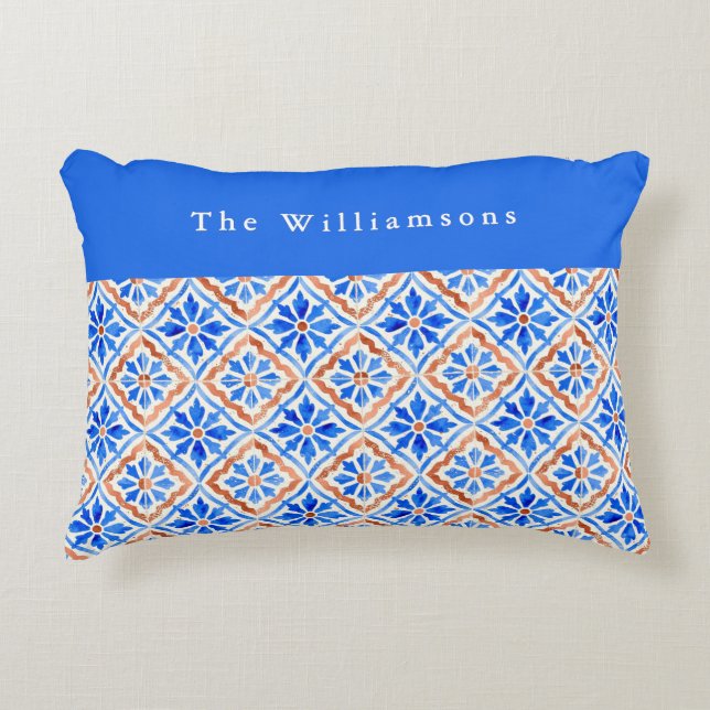 Custom Name Blue Terracotta Mediterranean Tile Accent Pillow (Front)