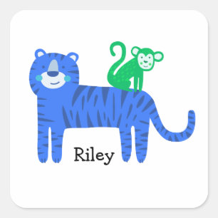 Custom Name Blue Tiger with Green Monkey on Back Square Sticker