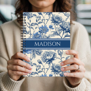Custom Name Blue Vintage Flowers   Monogram Floral Notebook