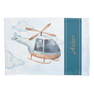 Custom Name Blue Watercolor Helicopter Boys Pillowcase