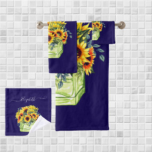 Custom Name blue watercolor sunflowers floral   Bath Towel Set