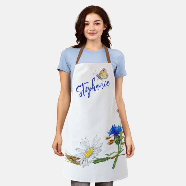 Custom Name Blue White Carnation Design Apron (Worn)