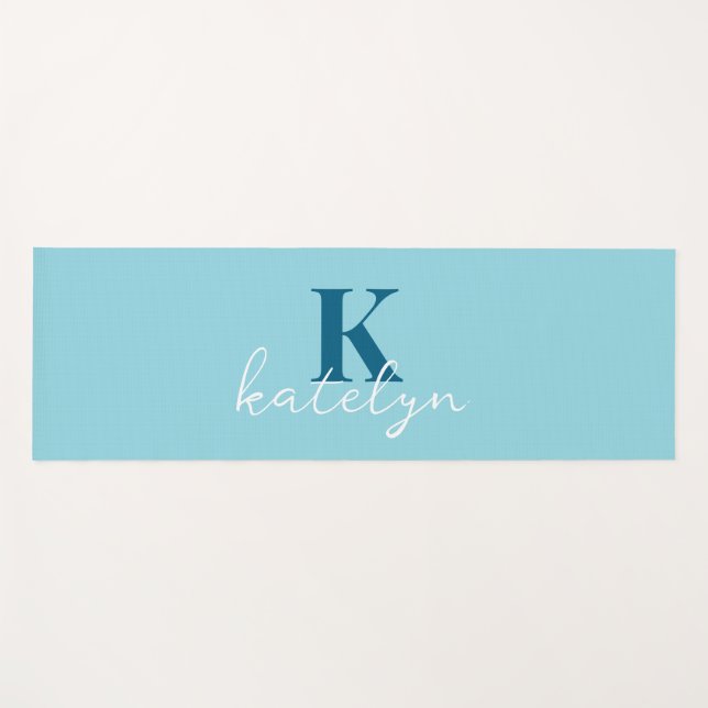 Custom Name Blue White Minimal Yoga Mat Fitness (Front (Horizontal))