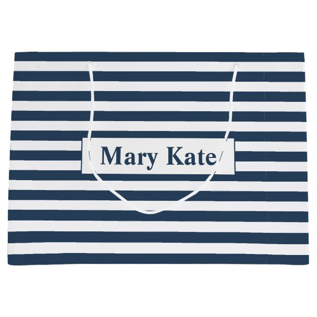 Custom Name Blue/White Stripes Large Gift Bag (Front)