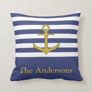 Custom Name Blue & White with Faux Gold Anchor Throw Pillow