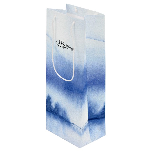 Custom Name | Blue Winter Forest Wedding Paper  Wine Gift Bag (Front Angled)