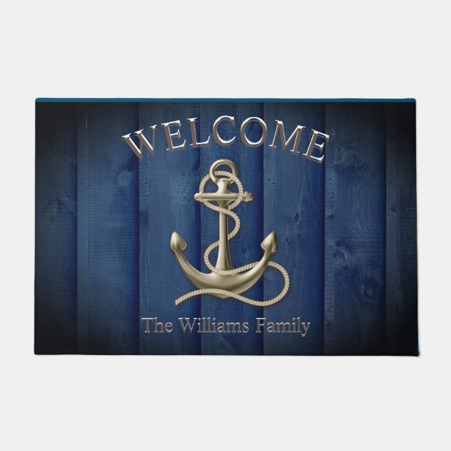 Custom Name Blue Wood Anchor Nautical Beach House  Doormat (Front)