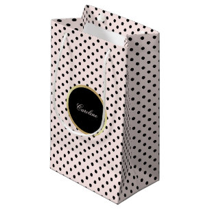 Custom Name Blush Pink   Black Polka Dot Pattern Small Gift Bag