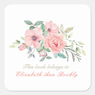Custom Name Blush Watercolor Floral Bookplate Square Sticker