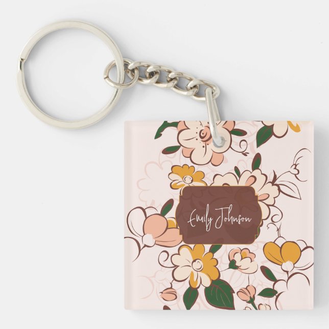 Custom Name Bohemian Peach Floral Script Name Keychain