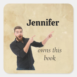Custom Name Book Plate Funny Guy Pointing Square Sticker