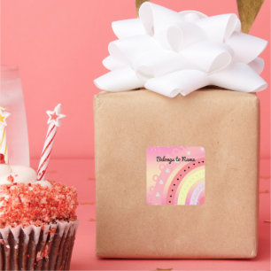 Custom Name Bookplate Cute Pink Rainbow Square Sti Sticker