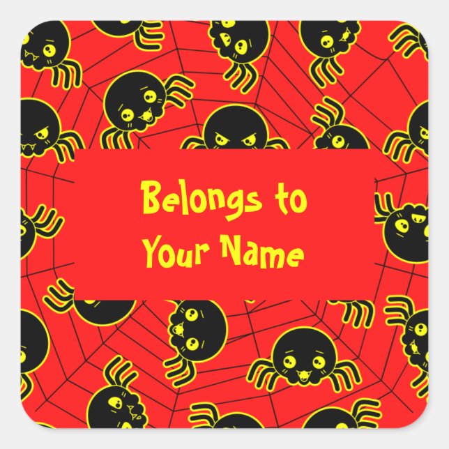 Custom Name Bookplate Funny Spiders Halloween Square Sticker (Front)