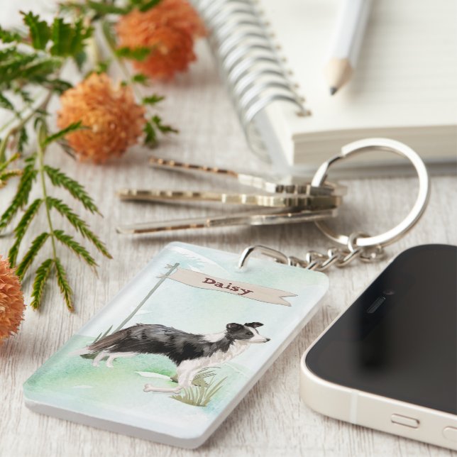 Custom Name Border Collie Pet Dog Keychain (Front Right)