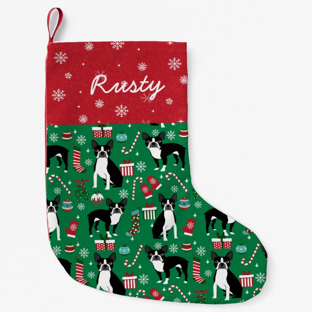 Custom Name Boston Terrier Dog Christmas Small Christmas Stocking (Front)