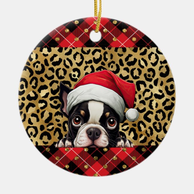 Custom Name Boston Terrier dog Santa hat Buffalo P Ceramic Ornament (Front)