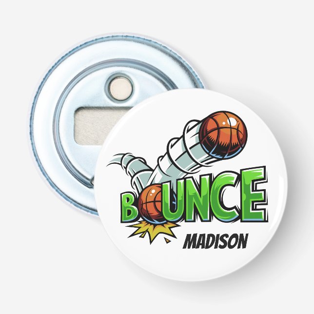 Custom name BOUNCE Basketball bottle opener (Front)