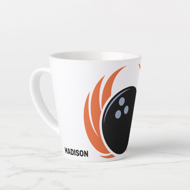 Custom Name Bowling Ball with Flame Latte Mug (Left Angle)