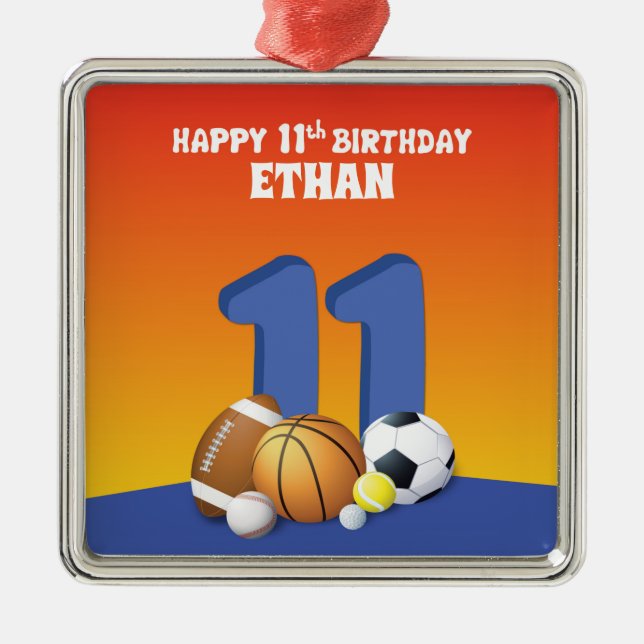 Custom Name Boy 11th Birthday Sports Balls Metal Ornament (Front)