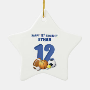 Custom Name Boy 12th Birthday Sports Balls Ceramic Ornament