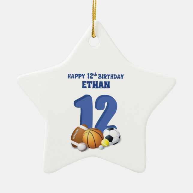 Custom Name Boy 12th Birthday Sports Balls Ceramic Ornament (Front)
