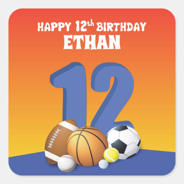 Custom Name Boy 12th Birthday Sports Balls Square Sticker (Front)