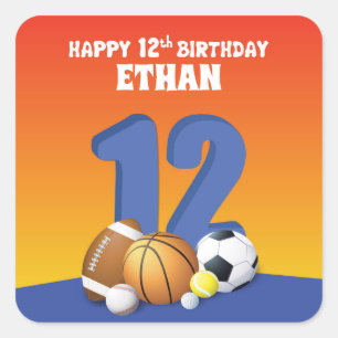 Custom Name Boy 12th Birthday Sports Balls Square Sticker