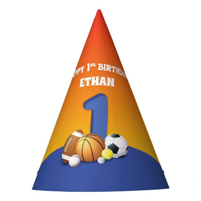 Custom Name Boy 1st Birthday Sports Balls Party Hat (Front)