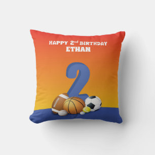 Custom Name Boy 2nd Birthday Sports Balls Throw Pillow