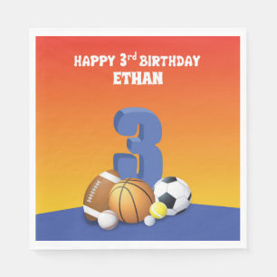Custom Name Boy 3rd Birthday Sports Balls Napkin