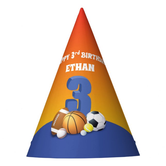 Custom Name Boy 3rd Birthday Sports Balls Party Hat (Front)
