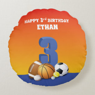 Custom Name Boy 3rd Birthday Sports Balls Round Pillow