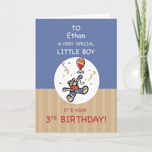 Custom Name Boy 3rd Teddy Bear Balloon Birthday Card (Front)
