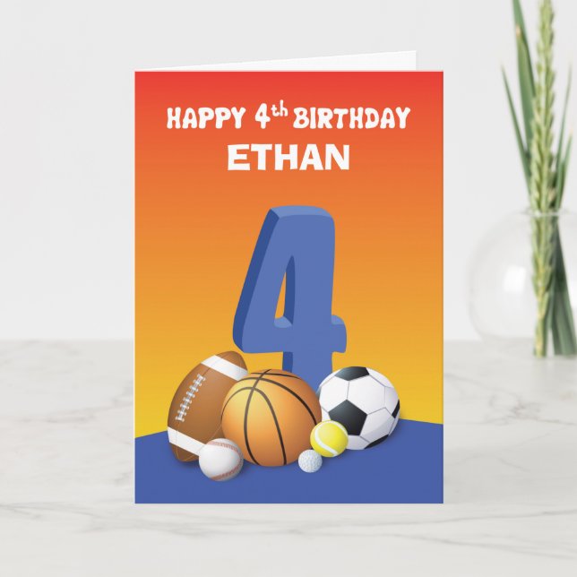 Custom Name Boy 4th Birthday Sports Balls Card (Front)