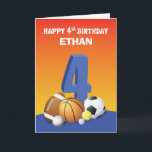 Custom Name Boy 4th Birthday Sports Balls Card<br><div class="desc">A card designed for Ethan or any other boy who will be celebrating his 4th birthday. You can replace the name and personalize it with the boy’s name. Greet any boy a happy 4th birthday with this colorful sports balls card.</div>