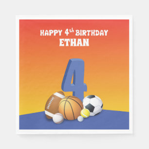 Custom Name Boy 4th Birthday Sports Balls Napkin