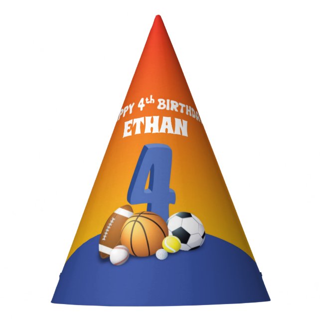 Custom Name Boy 4th Birthday Sports Balls Party Hat (Front)