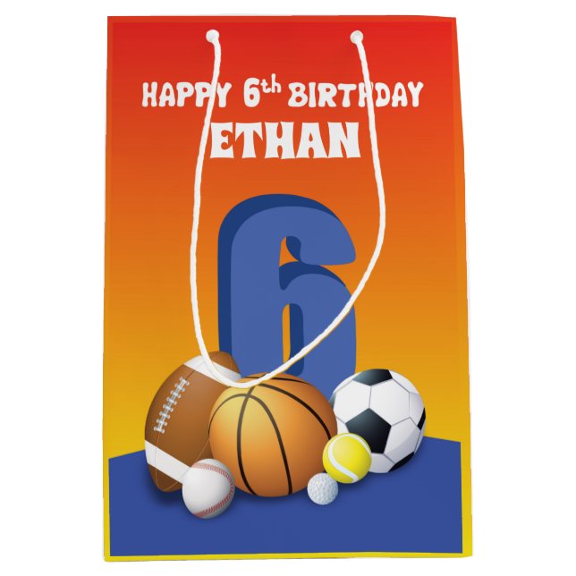 Custom Name Boy 6th Birthday Sports Balls Medium Gift Bag (Front)