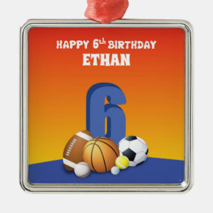 Custom Name Boy 6th Birthday Sports Balls Metal Ornament