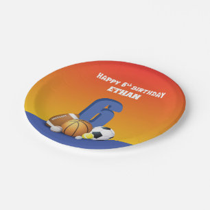 Custom Name Boy 6th Birthday Sports Balls Paper Plate