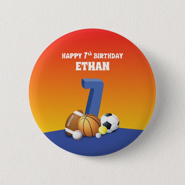 Custom Name Boy 7th Birthday Sports Balls 2 Inch Round Button (Front)
