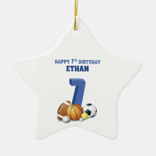 Custom Name Boy 7th Birthday Sports Balls Ceramic Ornament