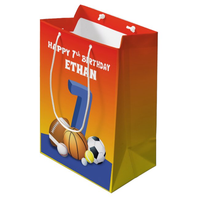 Custom Name Boy 7th Birthday Sports Balls Medium G Medium Gift Bag (Front Angled)