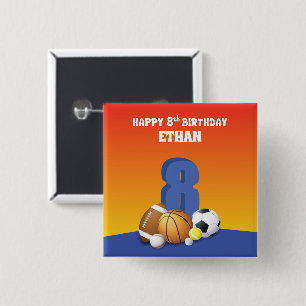 Custom Name Boy 8th Birthday Sports Balls 2 Inch Square Button