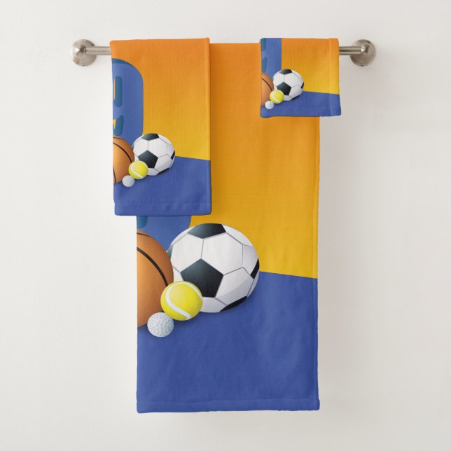 Custom Name Boy 9th Birthday Sports Balls Bath Towel Set (Insitu)