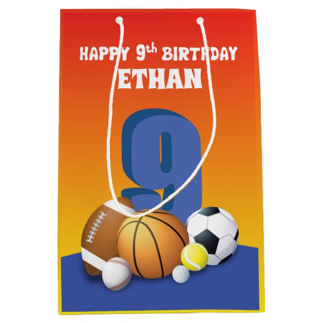 Custom Name Boy 9th Birthday Sports Balls Medium Gift Bag (Front)