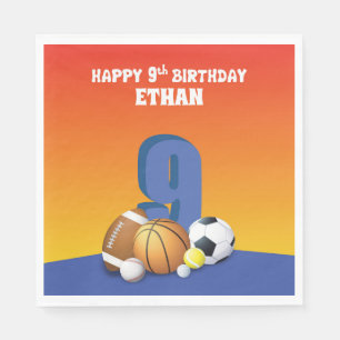 Custom Name Boy 9th Birthday Sports Balls Napkin