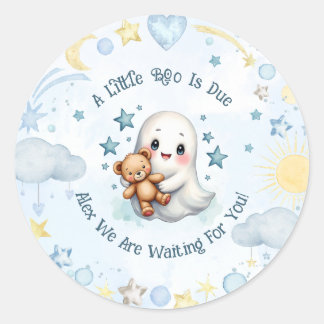 Custom Name Boy Baby Shower Cute Ghost Boo is Due Classic Round Sticker