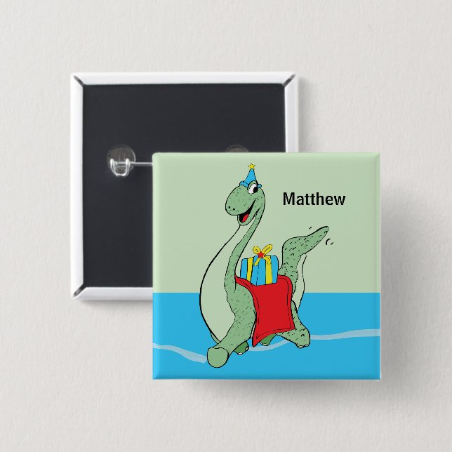 Custom Name, Boy, Birthday Dinosaur 2 Inch Square Button (Front & Back)