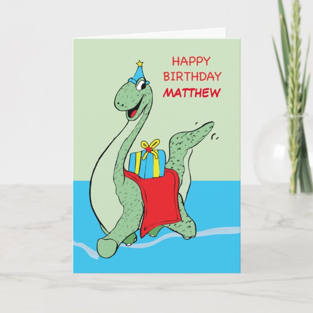 Custom Name, Boy, Matthew, Birthday Dinosaur Card (Front)